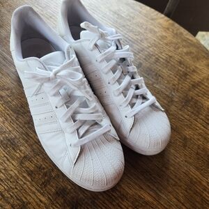 All-White Leather Adidas Superstar low-top sneakers. Mens Size 11.5.